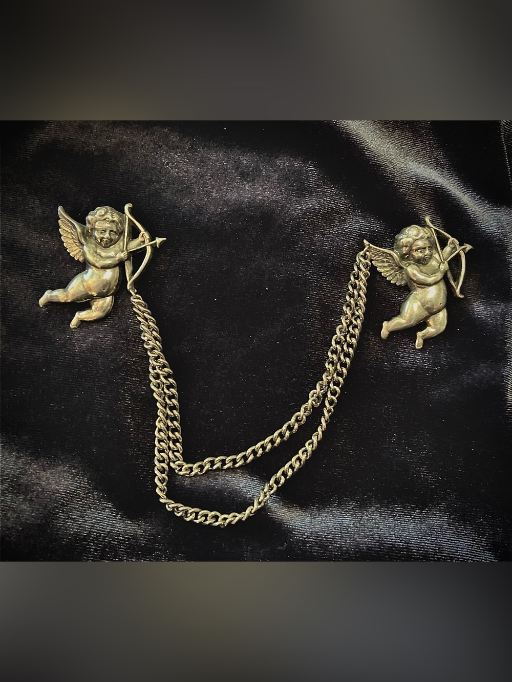VTG Coro Twin Cherub Silverplate Chain Brooches
